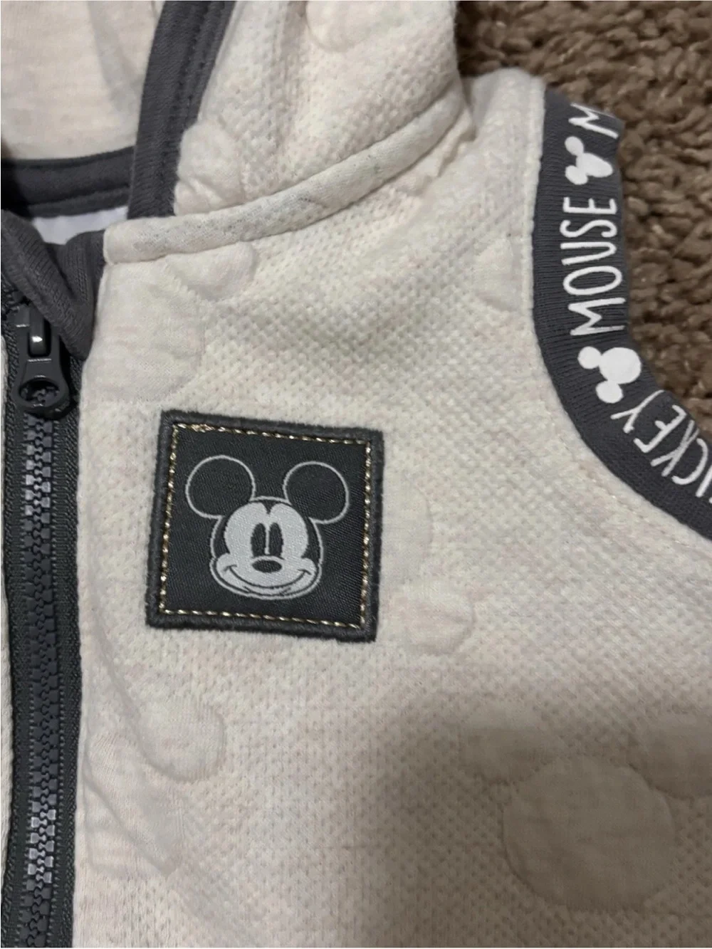 Disney Cream and Gray Mickey Hooded Infant Romper